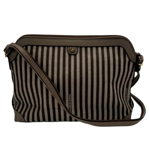 John Romain Crossbody Handbag Striped Fabric Taupe Leather Vintage Made in USA - Picture 1 of 12